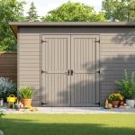 Abri de jardin moderne dans un jardin verdoyant